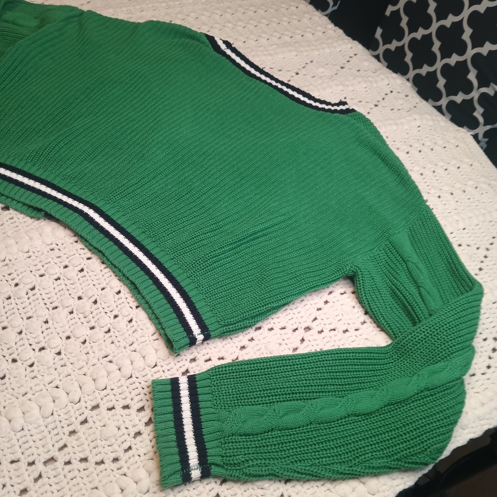 Forever 21 Green Cable Knit 1X Sweater Stripe Academia Varsity‎ Cardigan Prep - Picture 11 of 12